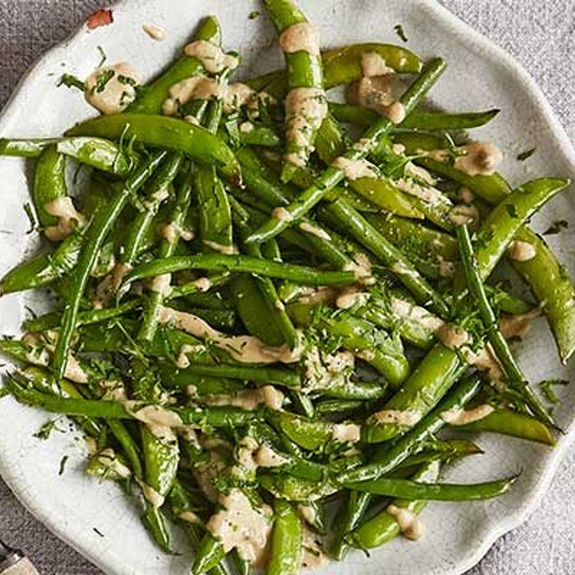 Roast sugar snaps & green beans with tonnato dressing