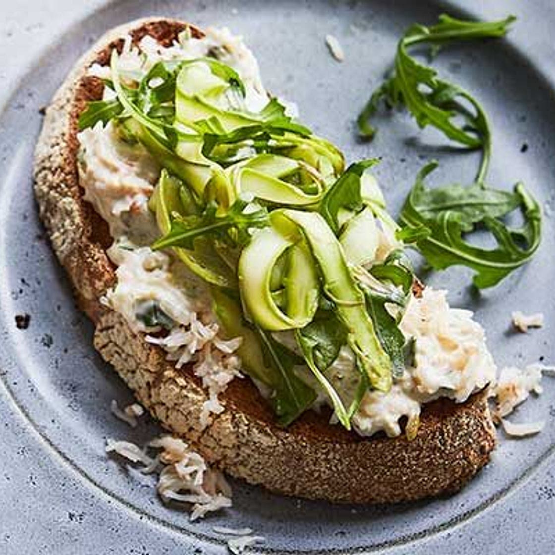 Crab & tangled asparagus salad on toast