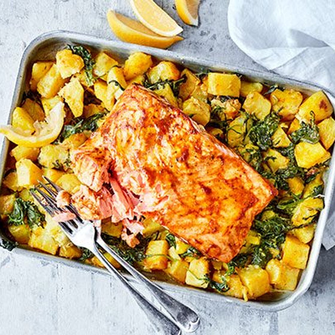 Spiced salmon with traybaked sag aloo