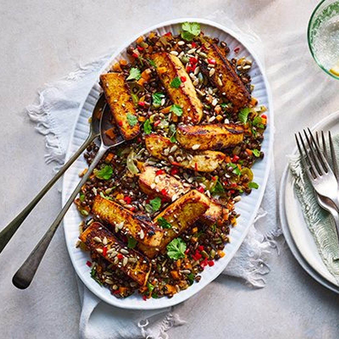 Vegan lentils with soy & ginger tofu