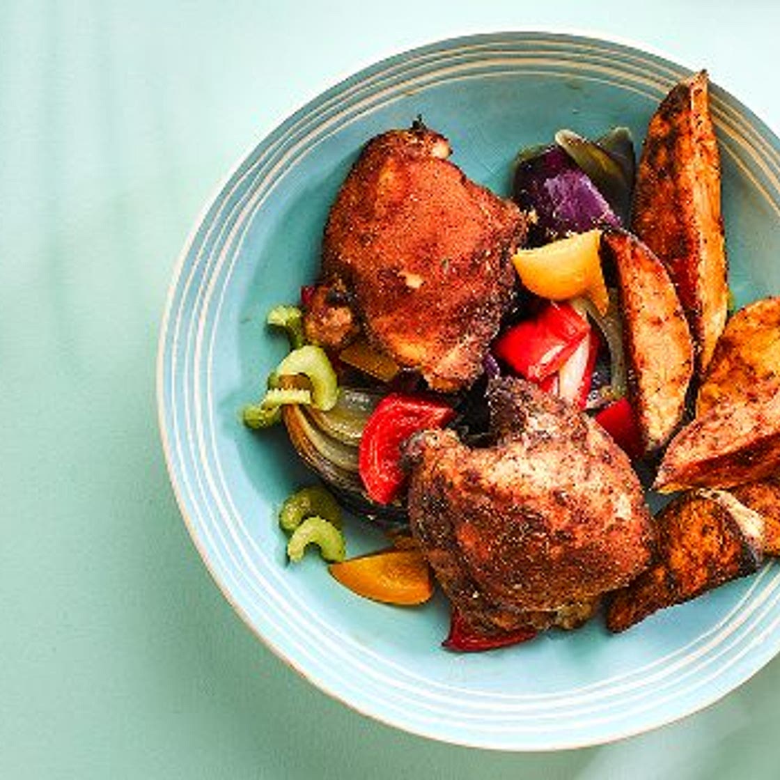 Cajun chicken traybake with sweet potato wedges & chive dip