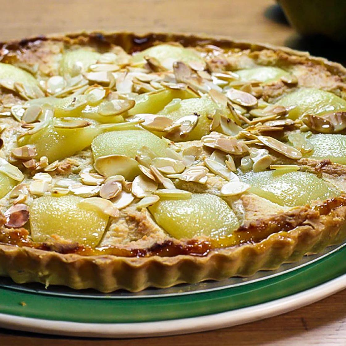Pear and apricot frangipane tart
