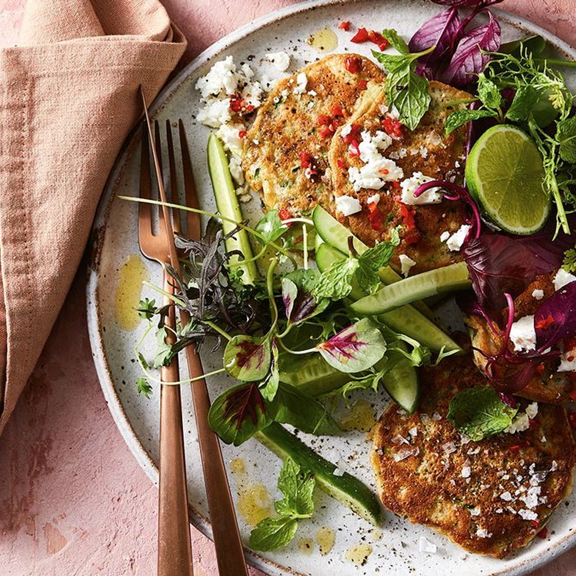 Lentil and zucchini fritters with cucumber salad