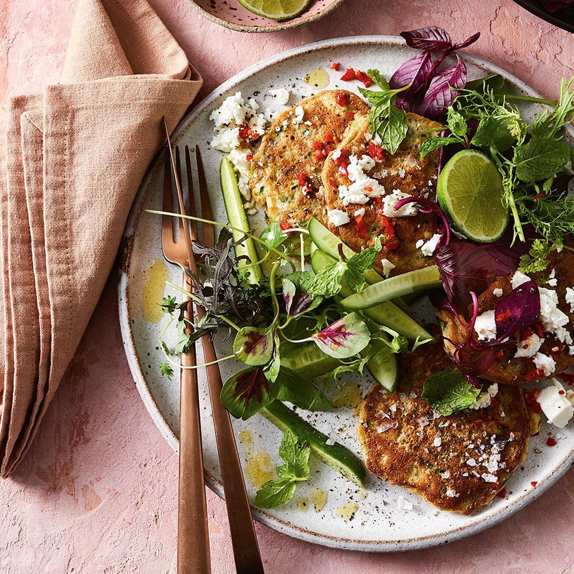 Lentil and zucchini fritters with cucumber salad