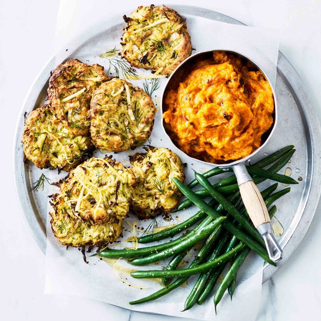 Cheesy zucchini fritters with pumpkin and buttermilk mash