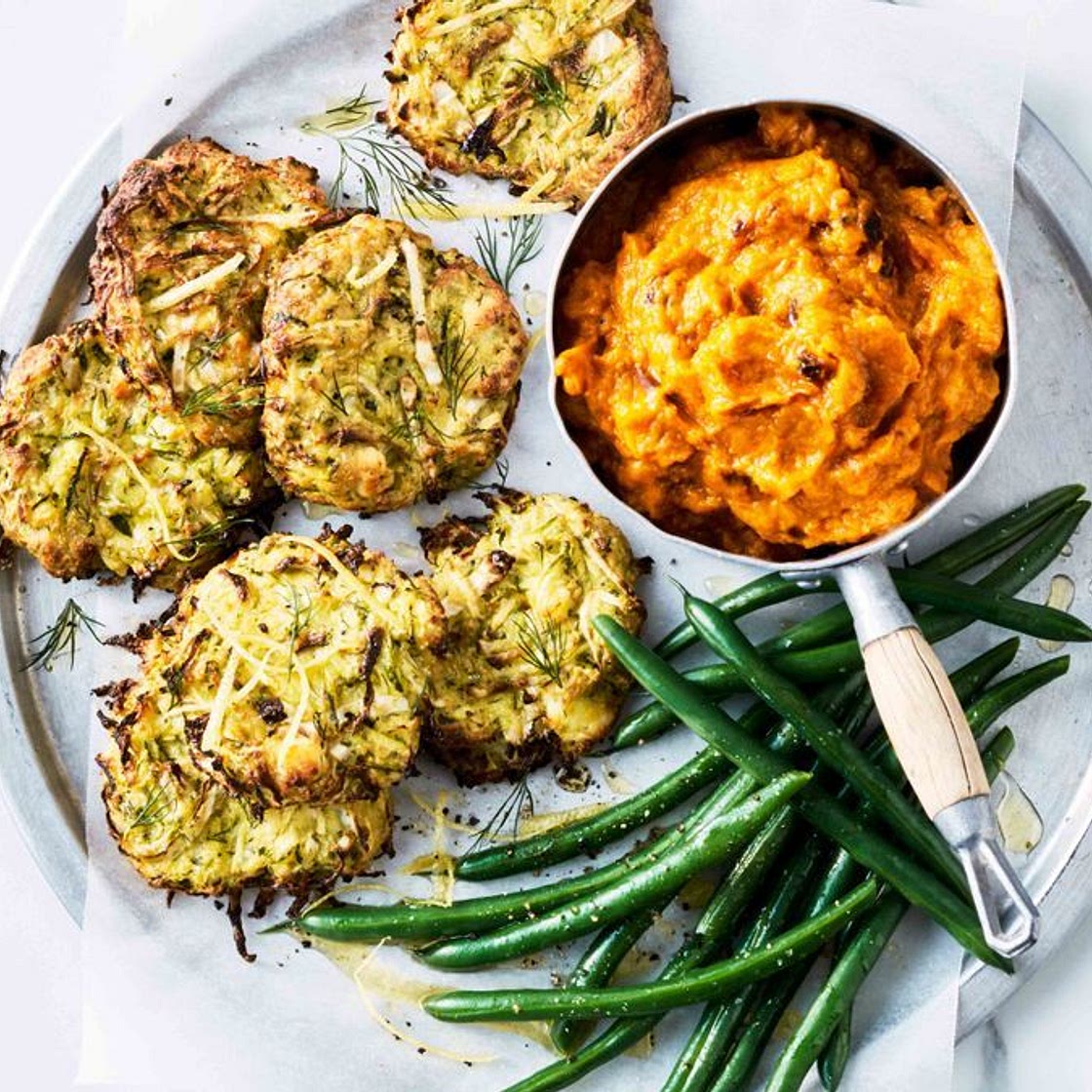 Cheesy zucchini fritters with pumpkin and buttermilk mash