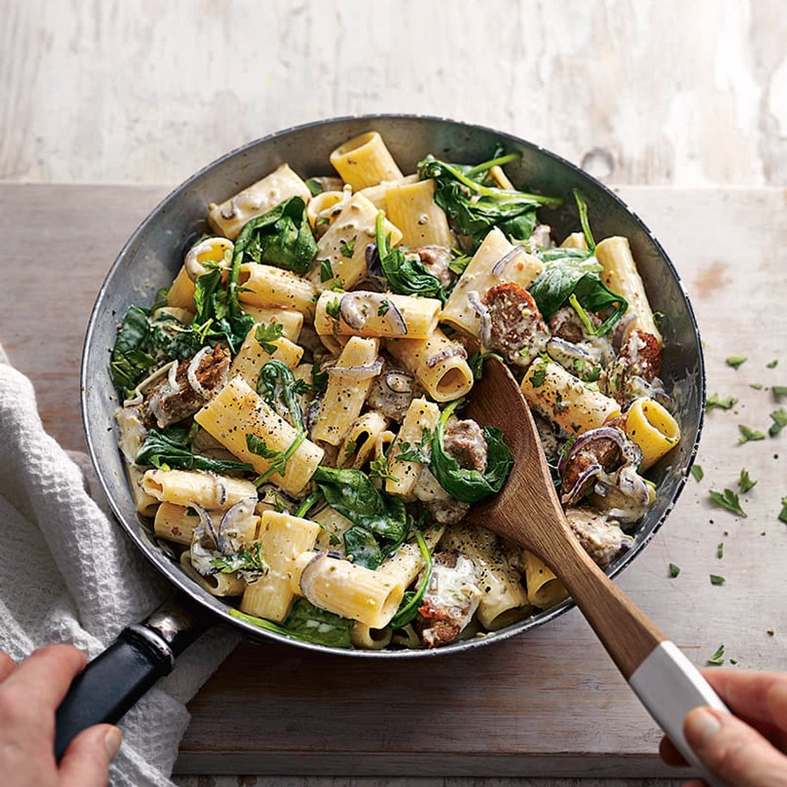 Creamy vegan sausage and spinach pasta