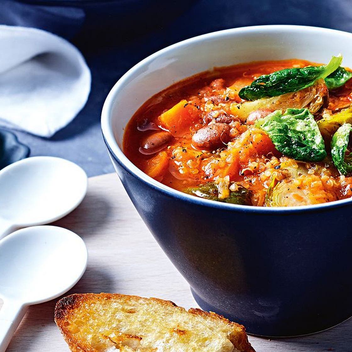 Minestrone with quinoa and brussels sprouts