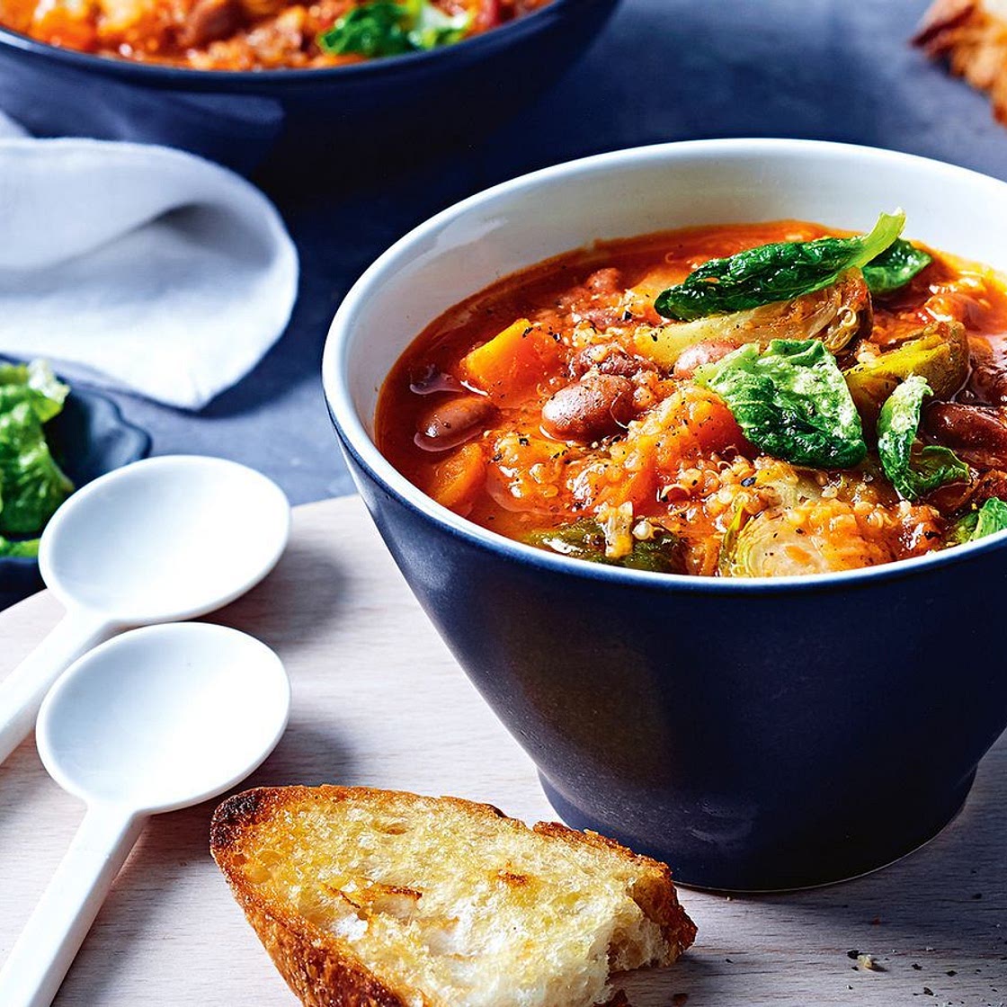 Minestrone with quinoa and brussels sprouts