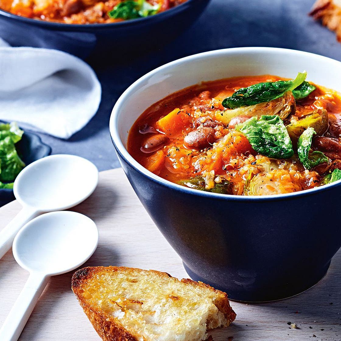 Minestrone with quinoa and brussels sprouts
