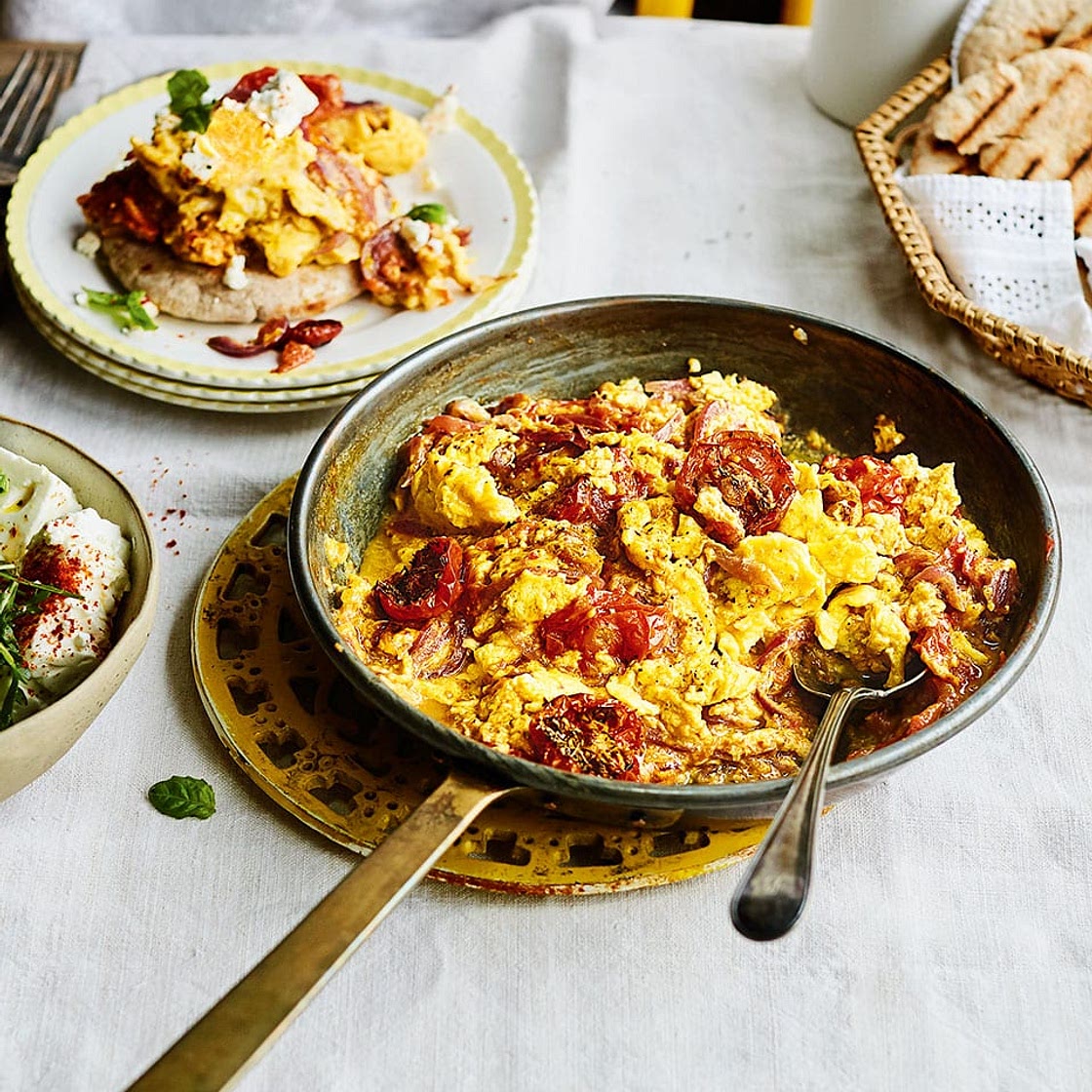 Slow-roasted tomato strapatsada with feta