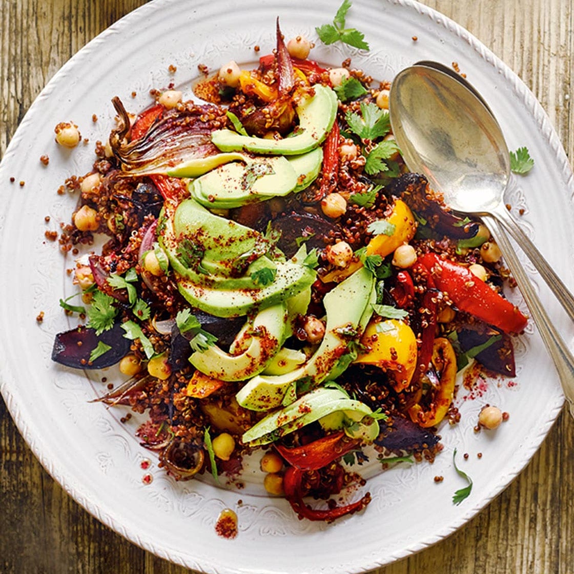 Roasted vegetable and chickpea quinoa salad