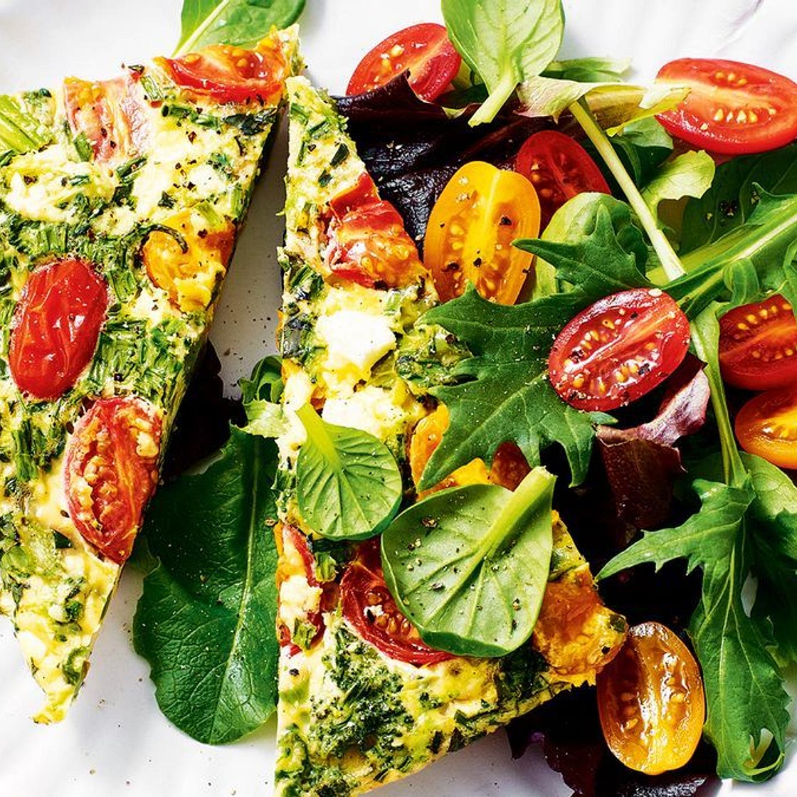 Summer greens, tomato and basil frittata