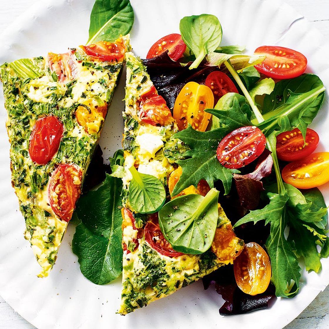 Summer greens, tomato and basil frittata