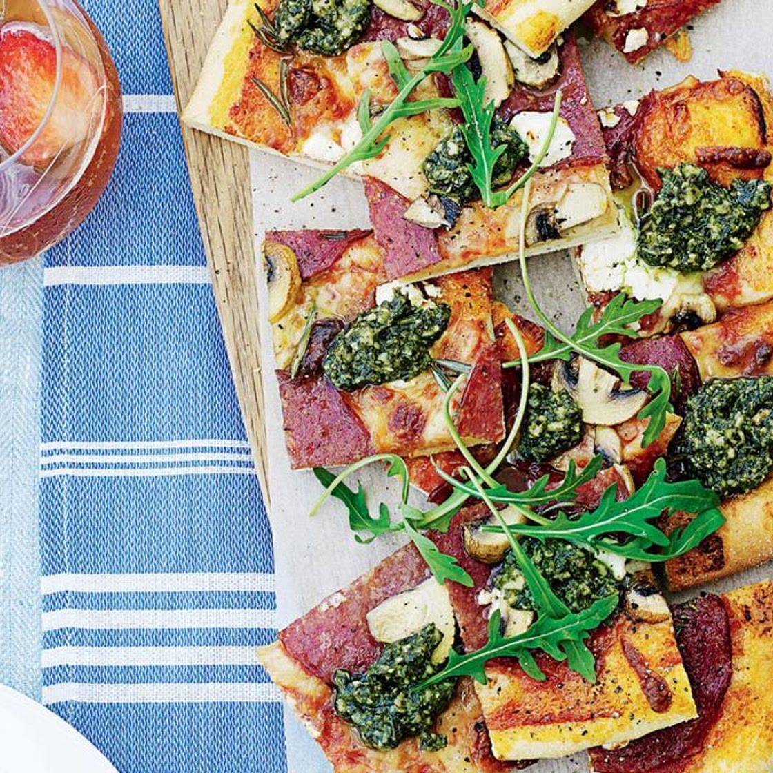 Salami and goat's cheese pizza