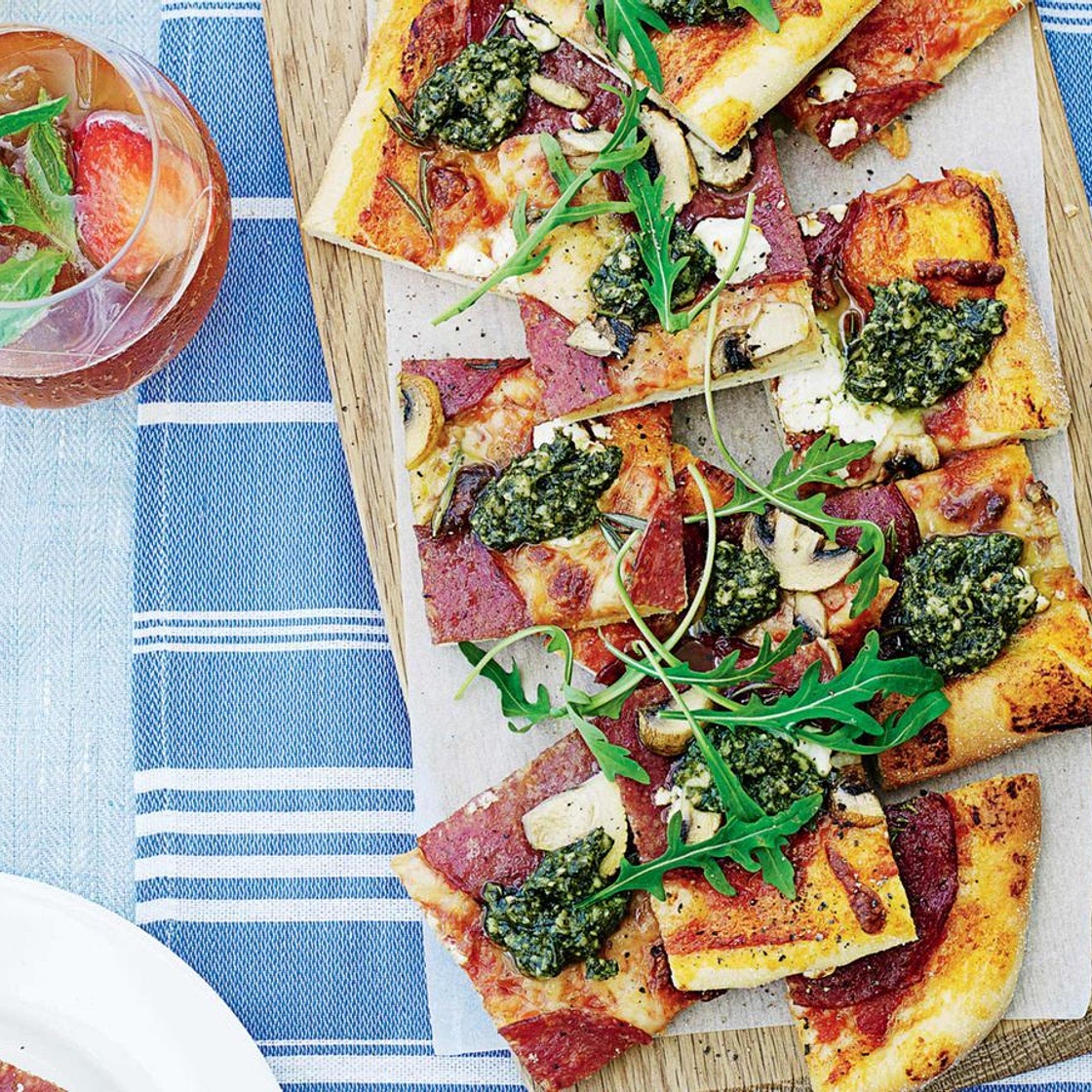 Salami and goat's cheese pizza