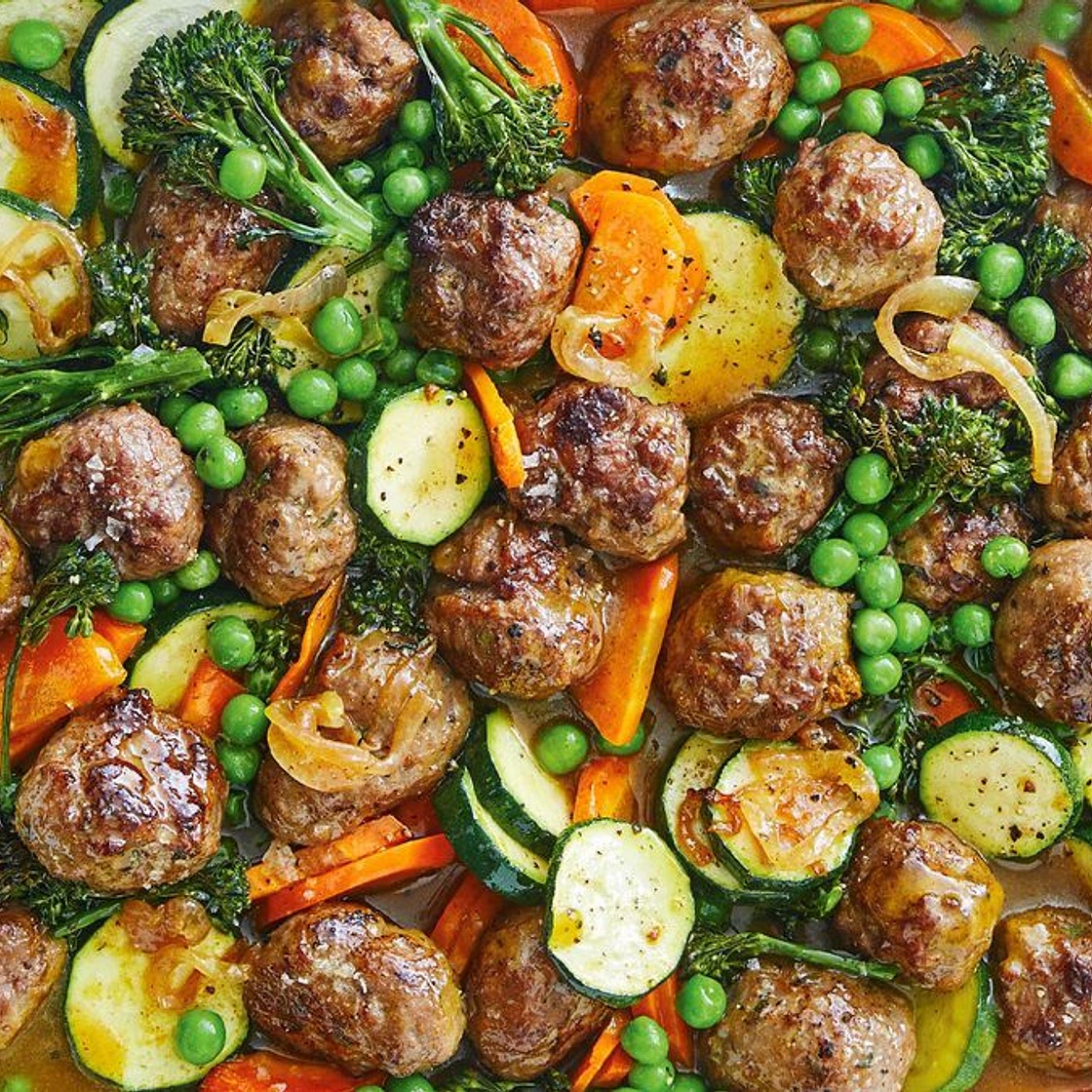 Curried sausage meatball tray bake recipe