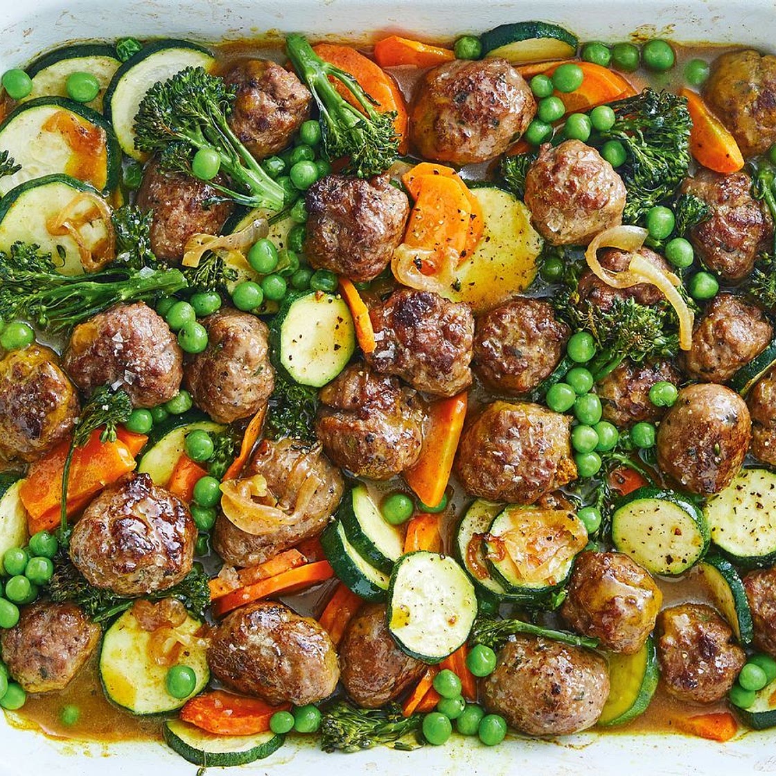 Curried sausage meatball tray bake recipe