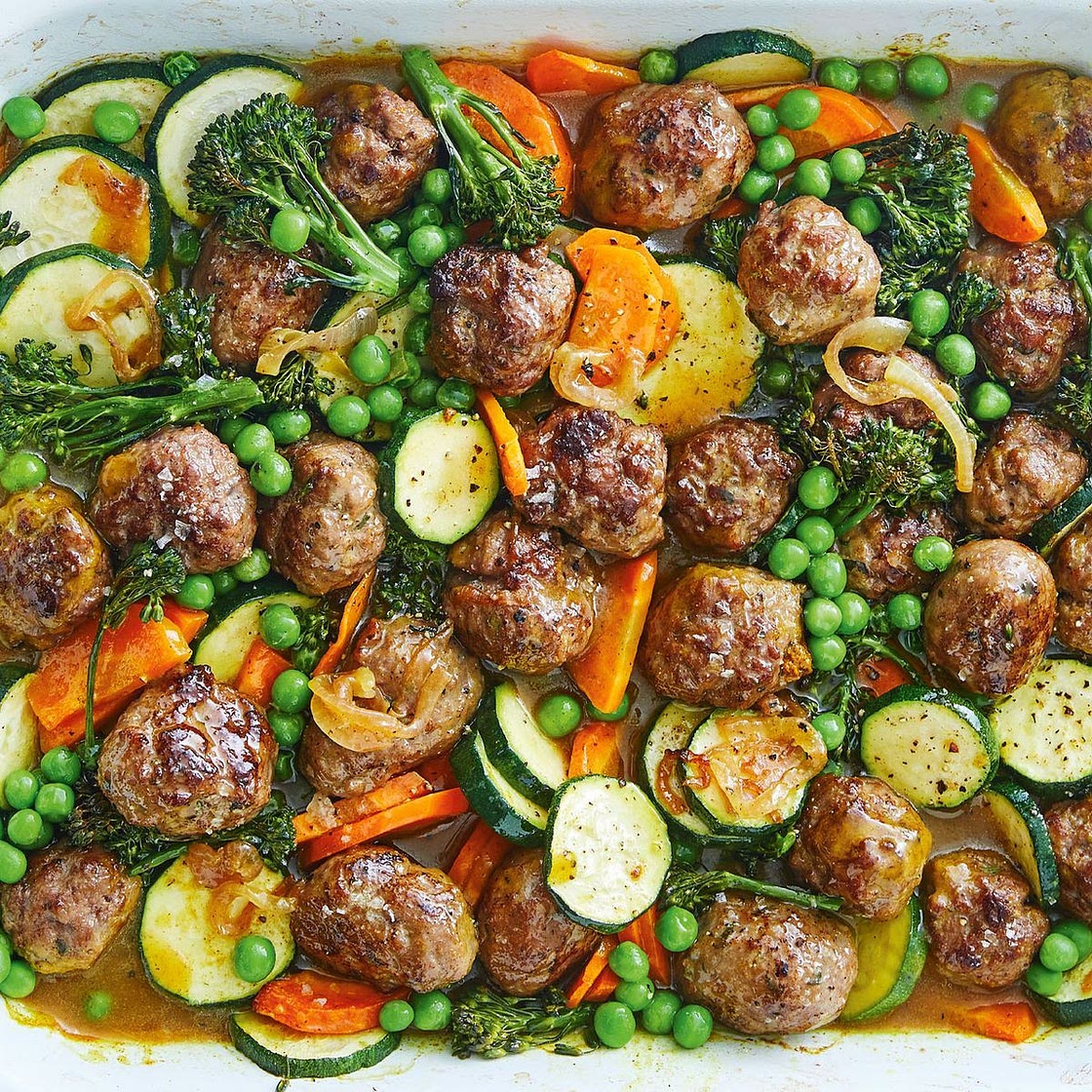 Curried sausage meatball tray bake recipe