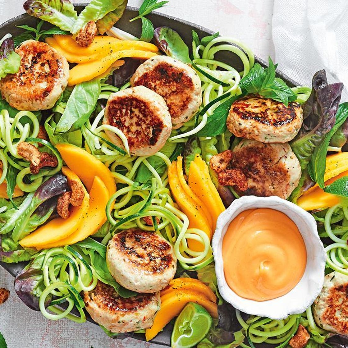 Speedy Thai chicken rissoles with mango salad recipe