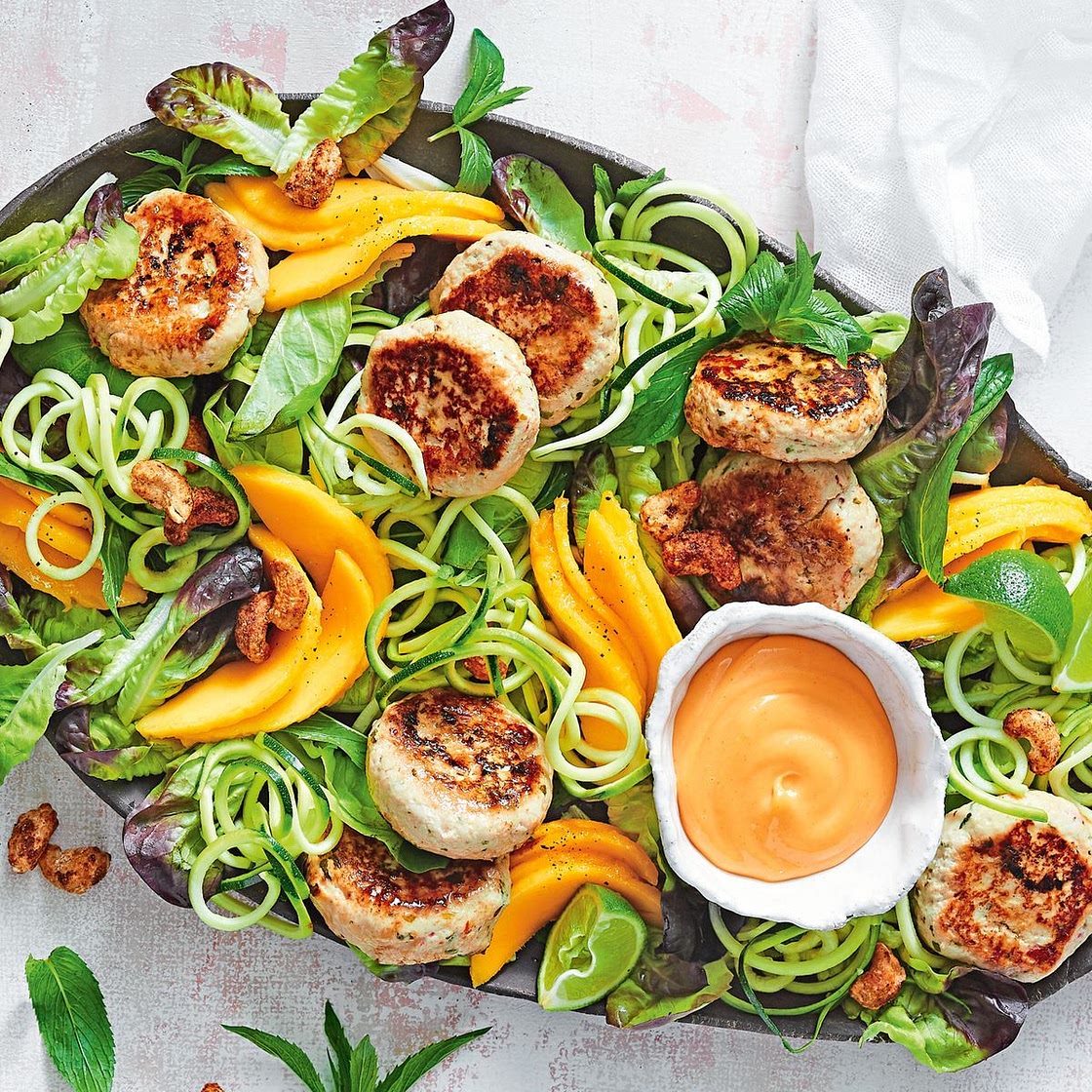 Speedy Thai chicken rissoles with mango salad recipe