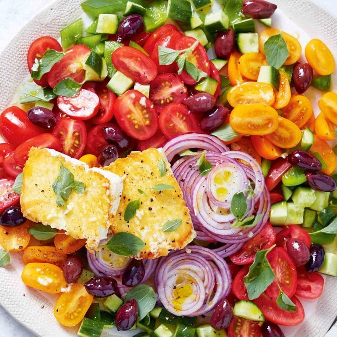 Tomato Greek salad with pan-fried fetta recipe
