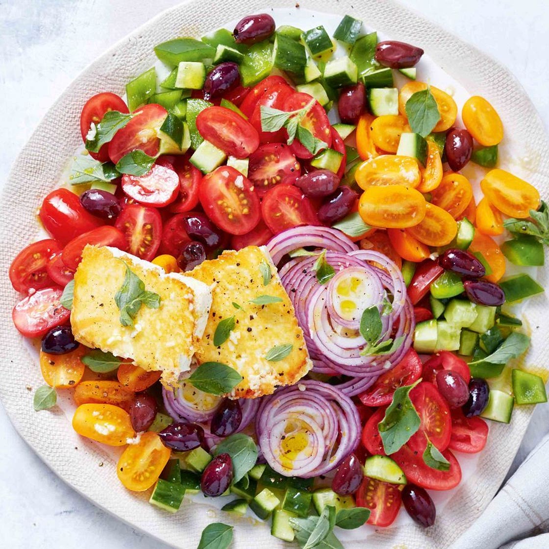 Tomato Greek salad with pan-fried fetta recipe