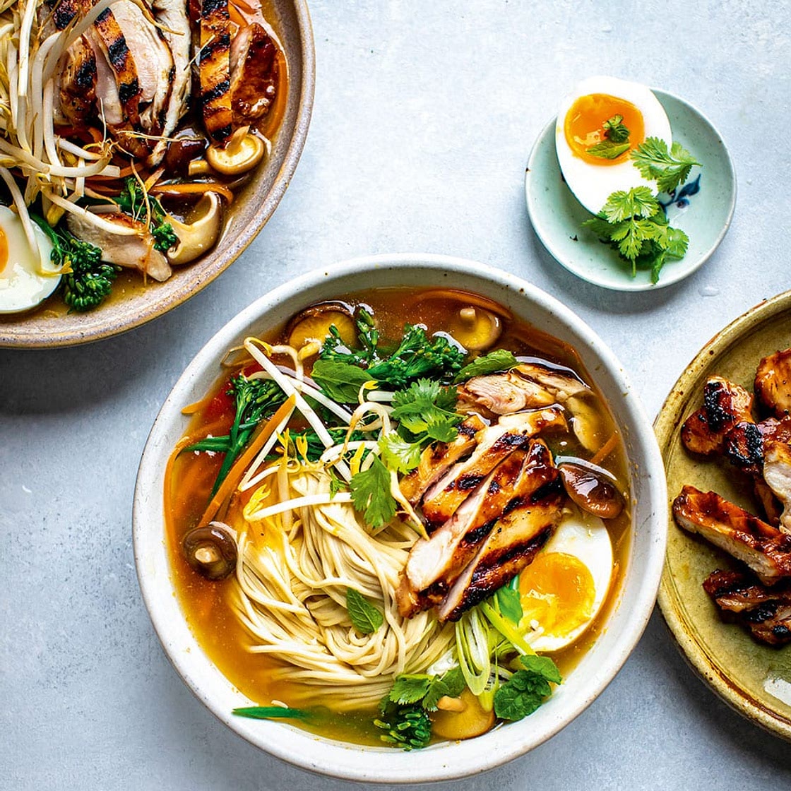 Charred chicken ramen bowls