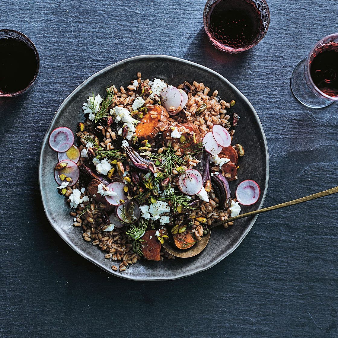 Farro Salad with Roasted Sweet Potatoes, Red Onion, and Goat Cheese