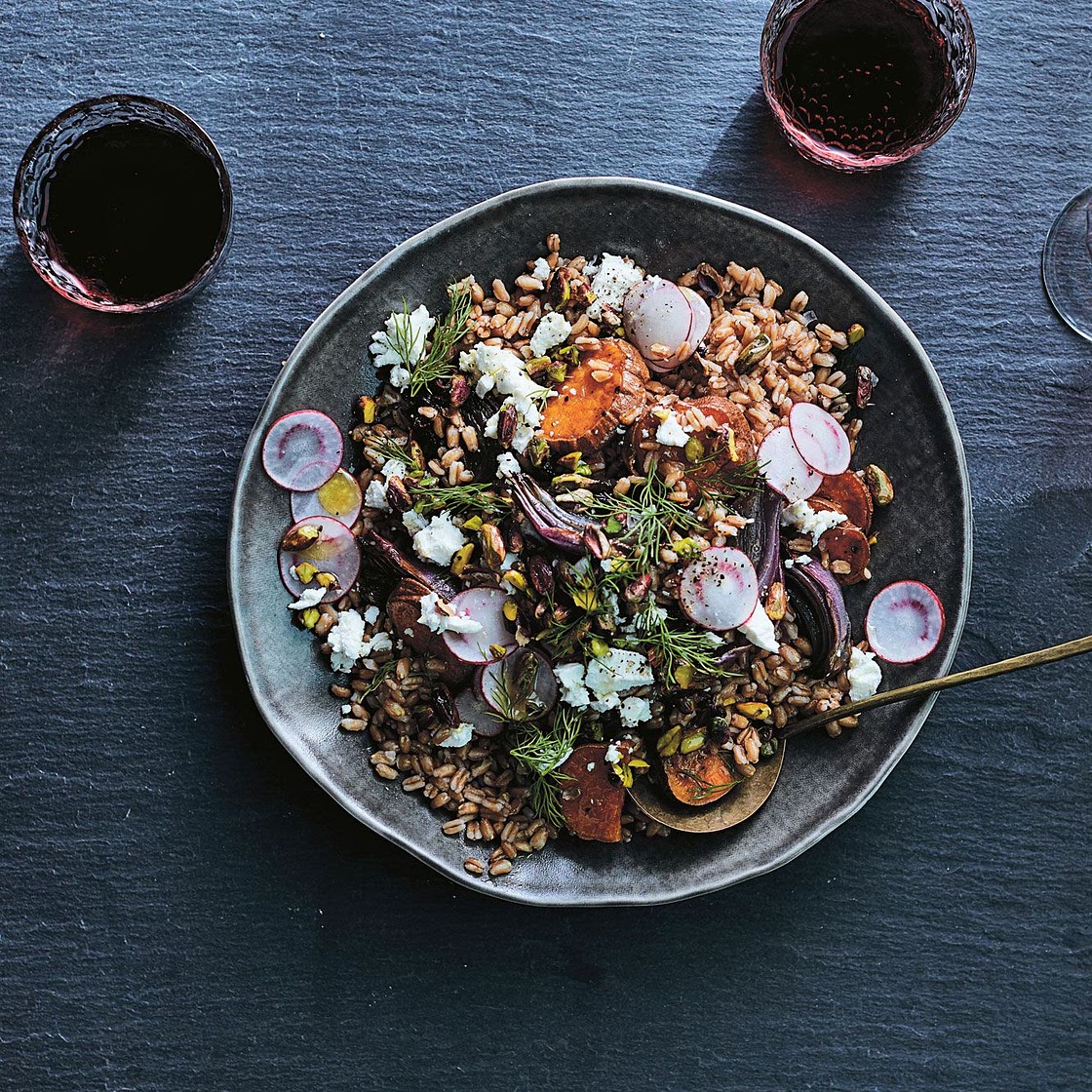 Farro Salad with Roasted Sweet Potatoes, Red Onion, and Goat Cheese