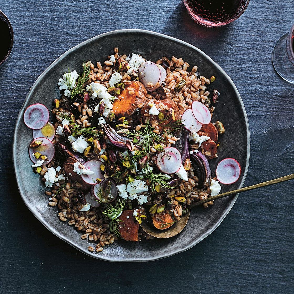 Farro Salad with Roasted Sweet Potatoes, Red Onion, and Goat Cheese