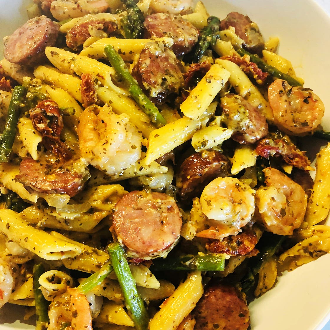 Shrimp and Sausage Pesto Pasta