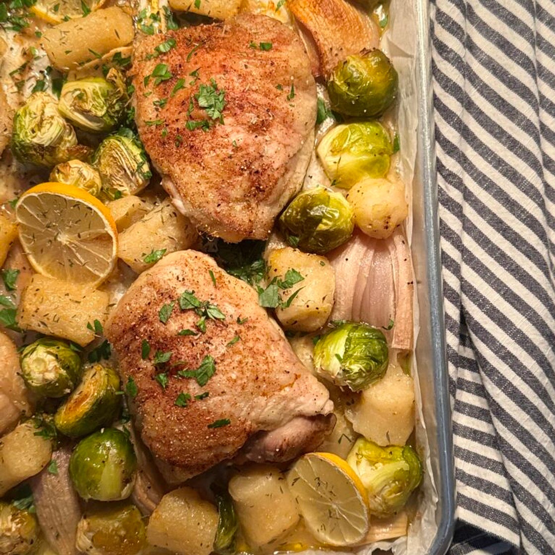 Lemon Chicken Gnocchi with Brussels (sheet pan)