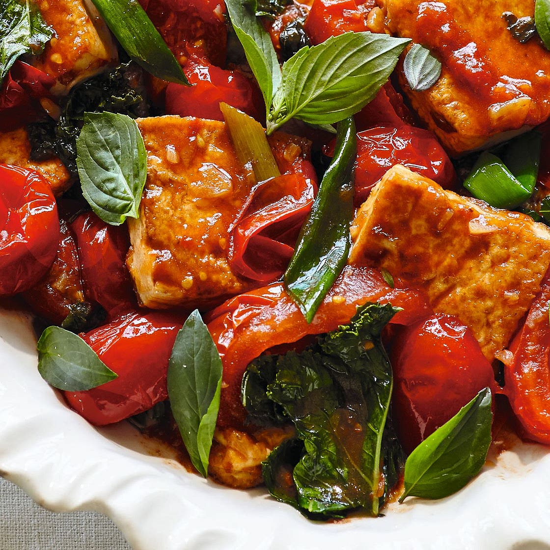 Tofu and Tomatoes With Spinach and Basil