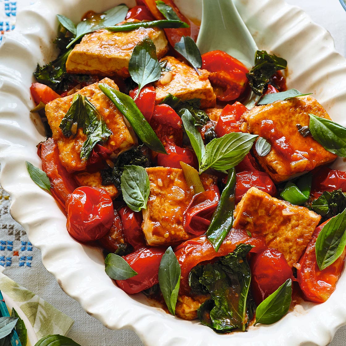 Tofu and Tomatoes With Spinach and Basil