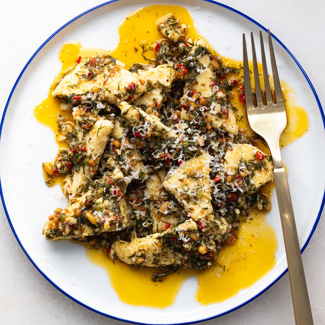 Feta Dumplings in Pine Nut Fresno Sauce