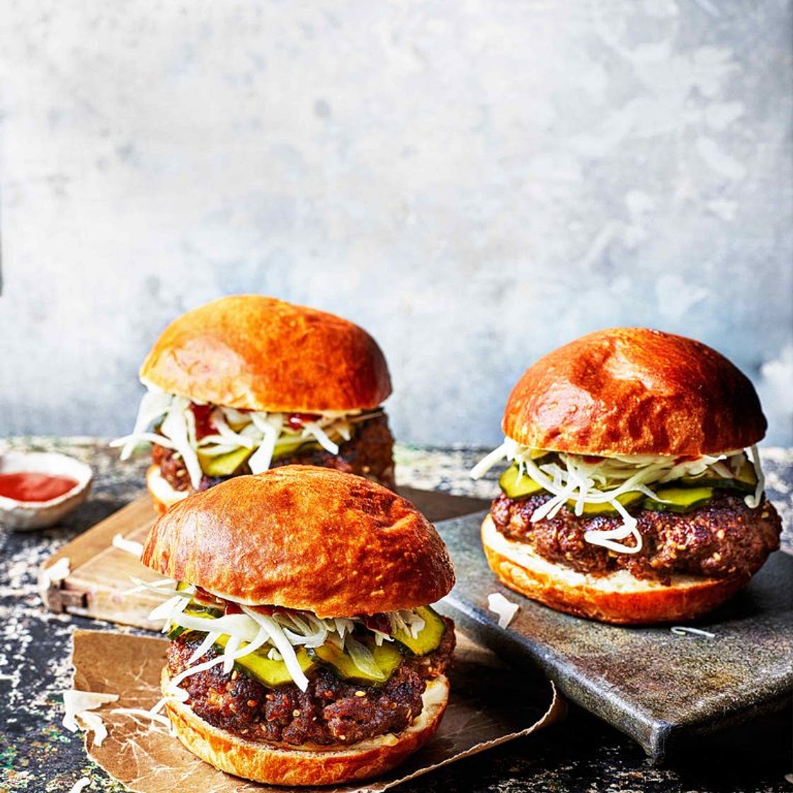 Bulgogi burgers with quick-pickled cucumbers
