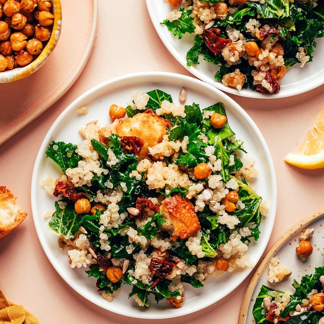 Lemony Quinoa Kale Salad with Crispy Chickpeas