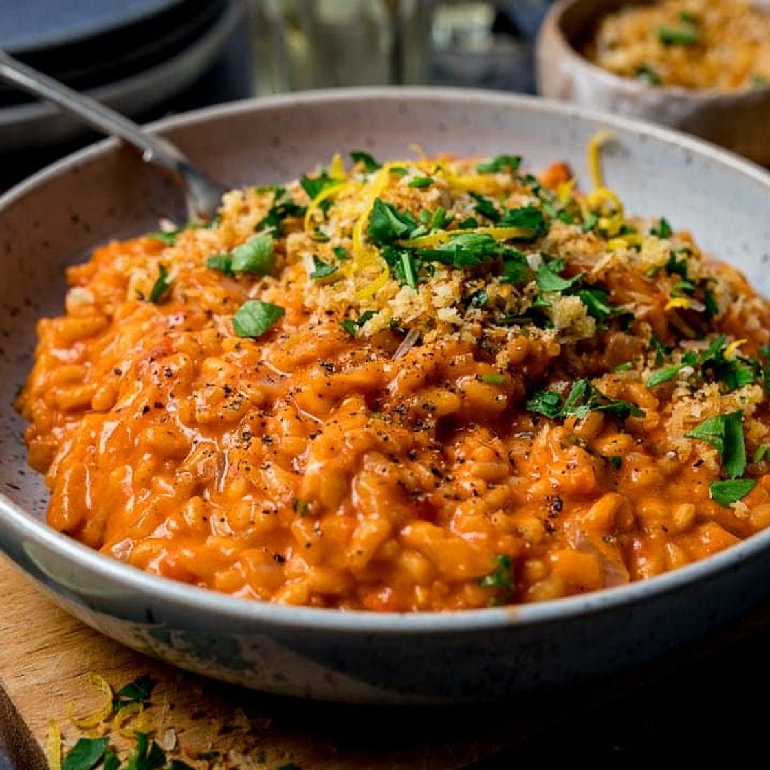 Creamy Tomato Risotto with Crispy Garlic Crumbs