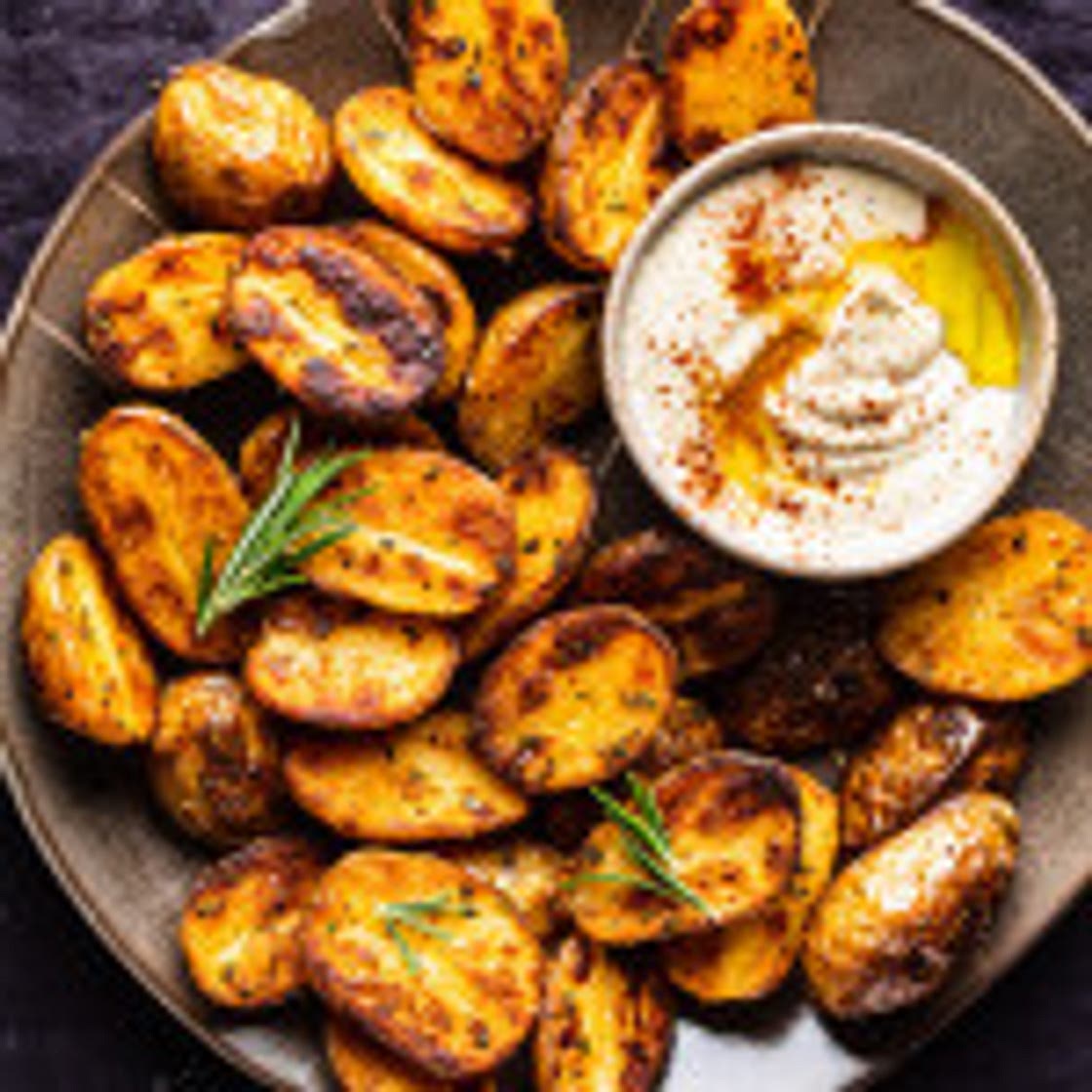 Roasted new potatoes with rosemary garlic dip