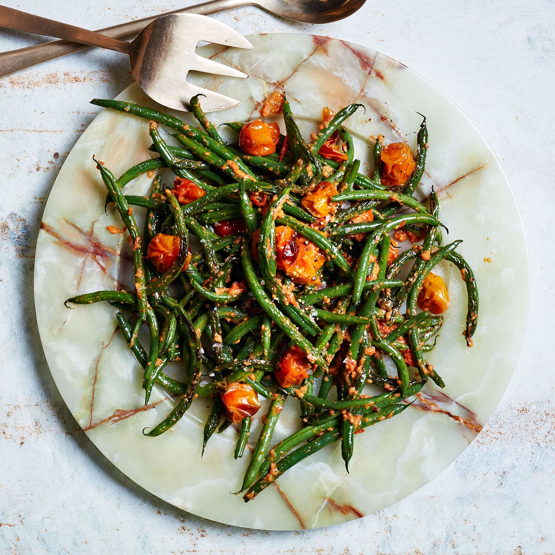 Blistered Green Beans With Tomato-Almond Pesto