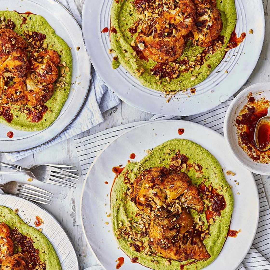 Roasted harissa cauliflower with warm coriander hummus and dukkah