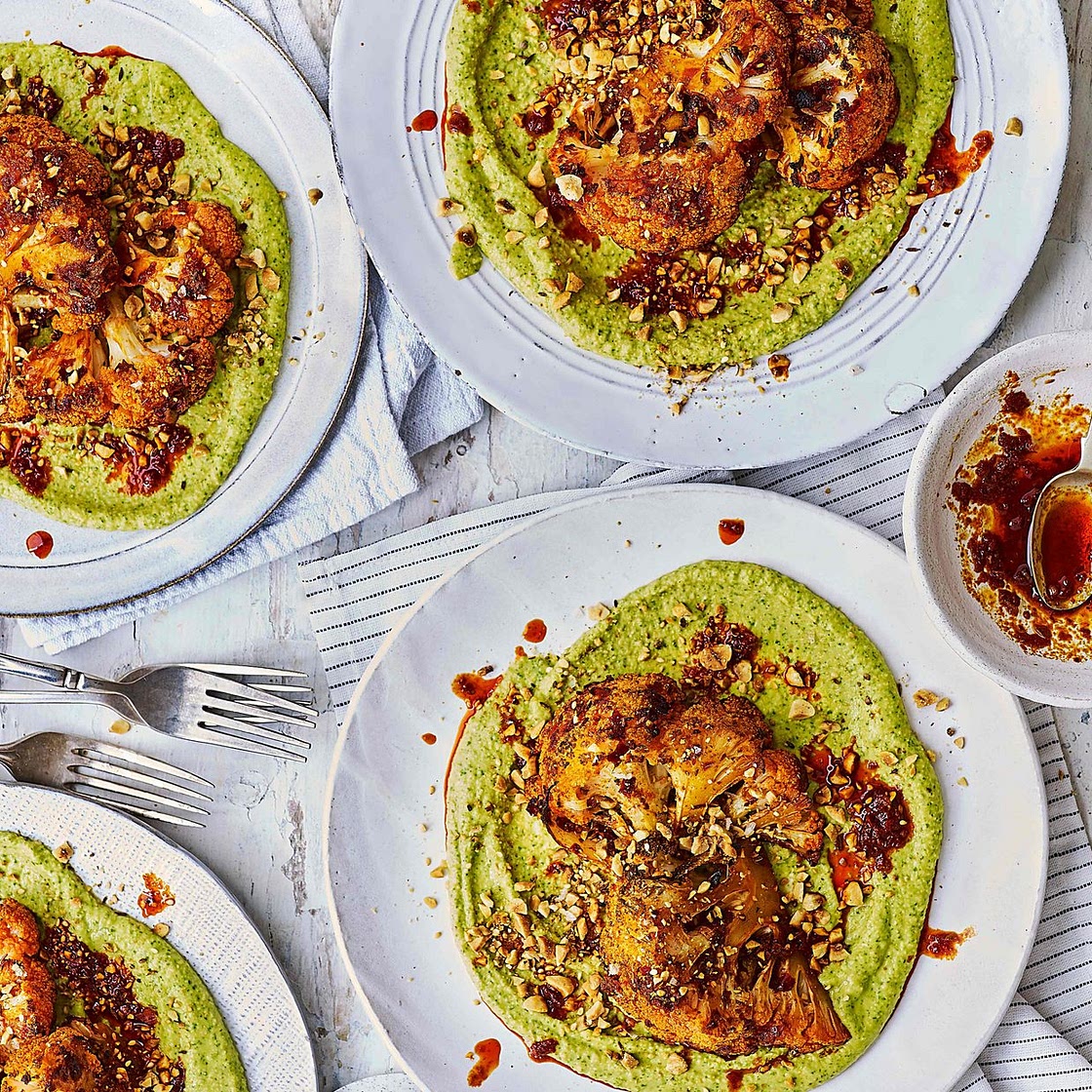 Roasted harissa cauliflower with warm coriander hummus and dukkah