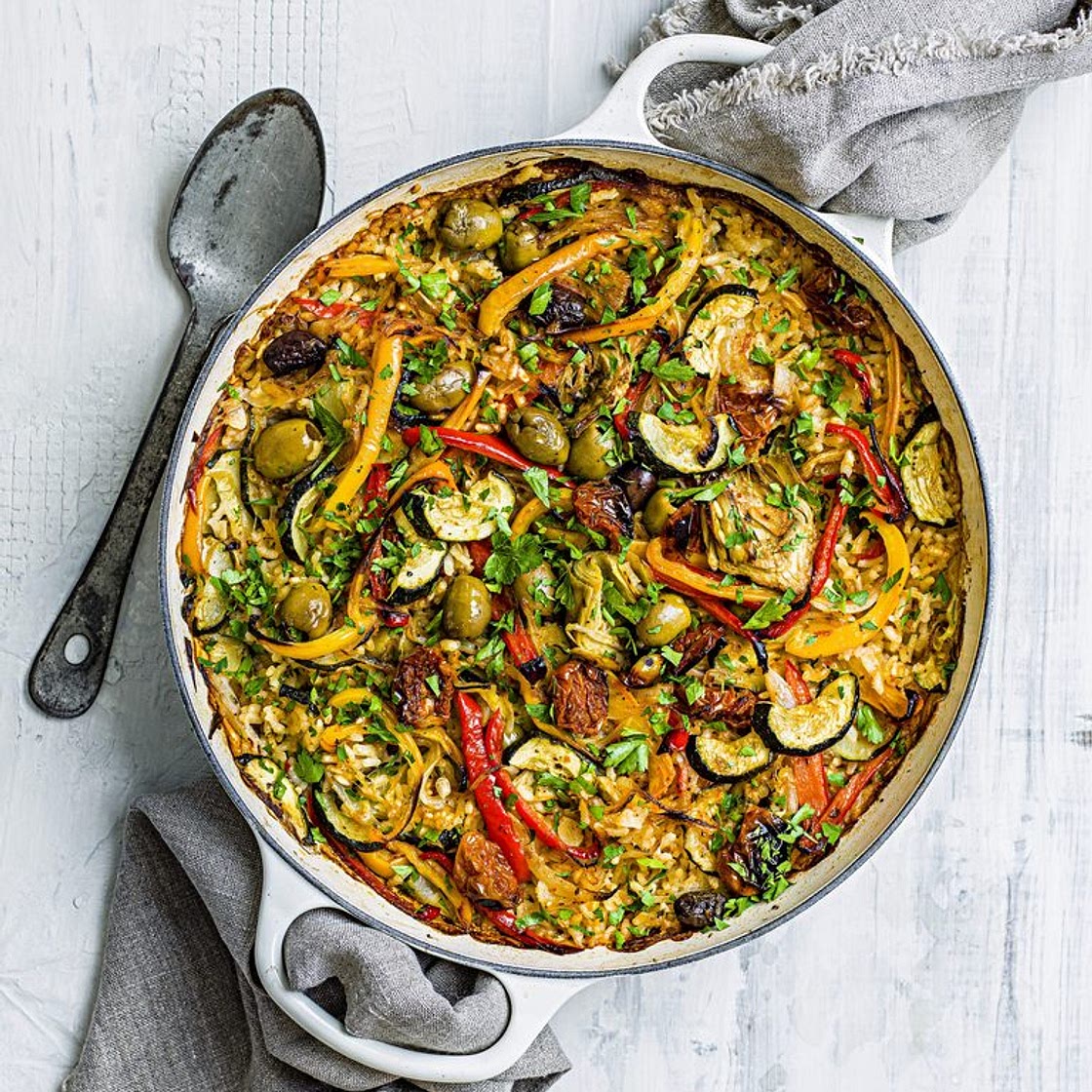 Sunblush tomato and olive vegan paella