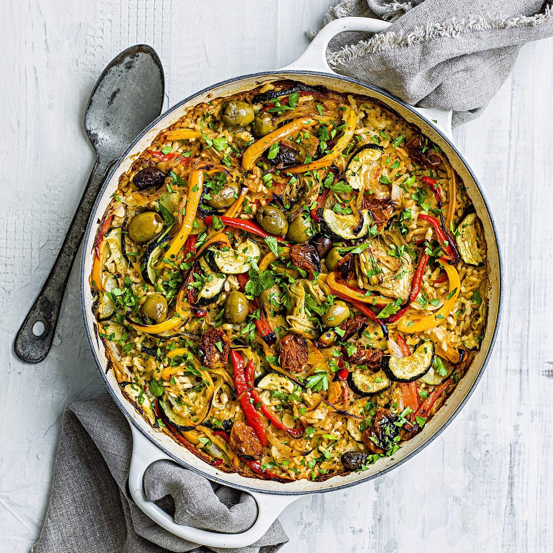 Sunblush tomato and olive vegan paella