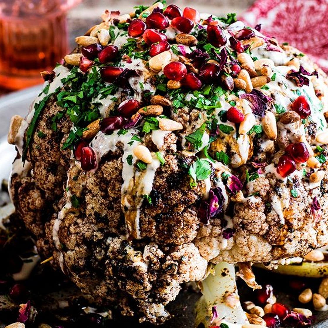 Cauliflower shawarma, pomegranate, tahini and pine nuts