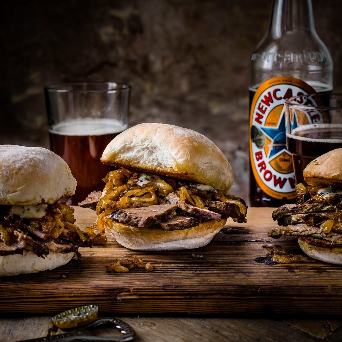 Brisket sandwiches with beer onions and blue cheese