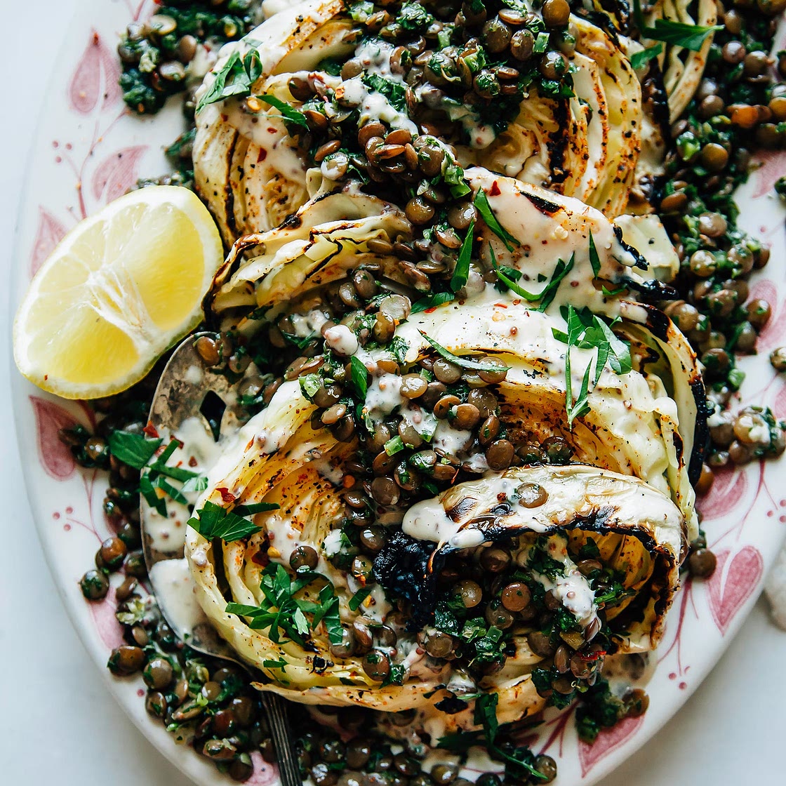 Grilled Cabbage Steaks with Jalapeño Chimichurri Lentils & Maple Mustard Tahini