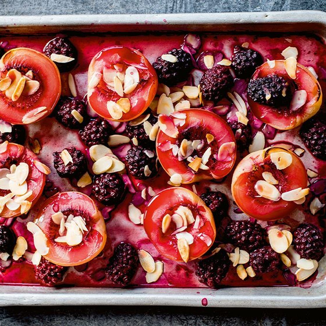 Baked nectarines with blackberries
