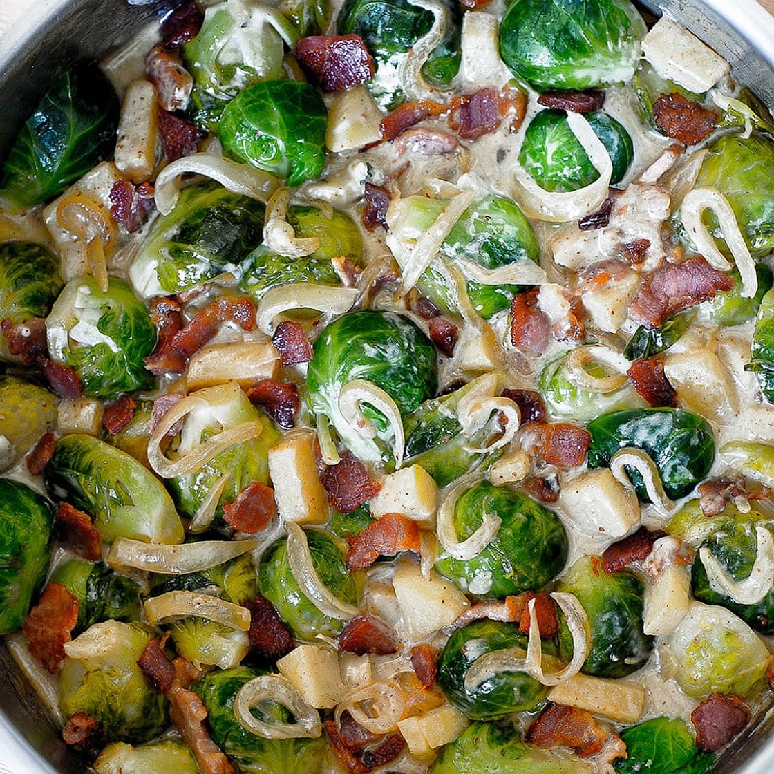 Creamy Brussels Sprouts with Bacon, Apples and Cheese